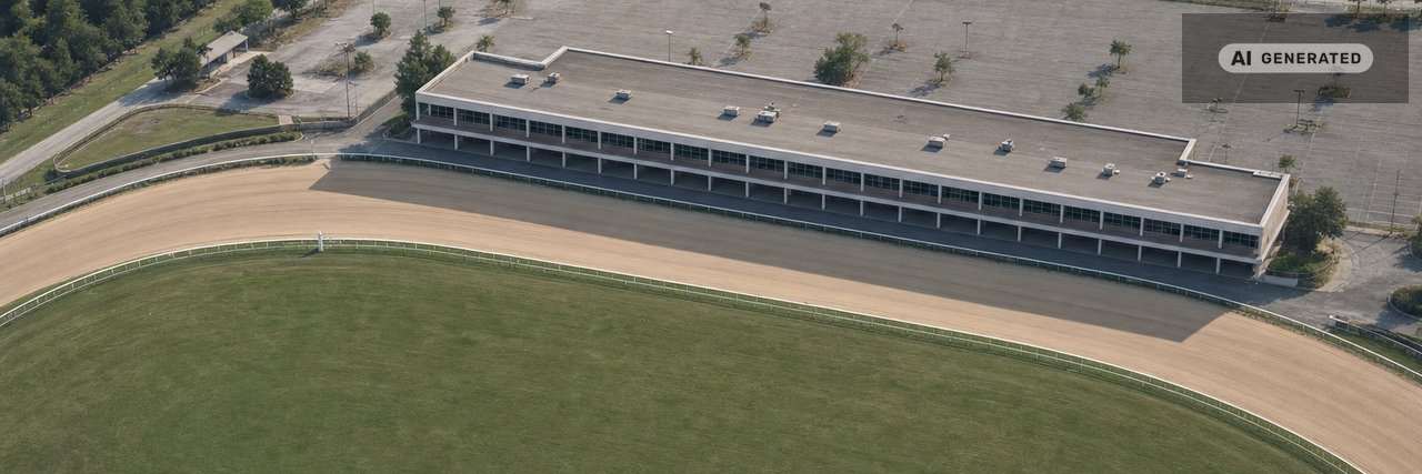 An aerial view of a racetrack oval: a pale dirt track curving past a long flat-roofed gaming building on the far turn, a white running rail between them, the green infield inside the bend and an empty parking lot beyond. (AI-generated image)