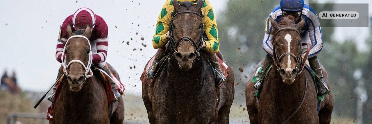 Thoroughbred horses racing head-on down a dirt track, jockeys crouched low with helmets and goggles, dirt flying toward the camera. (AI-generated image)