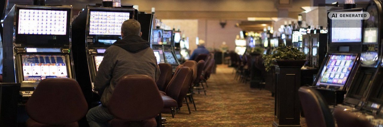A casino gaming floor photographed down an aisle of electronic gaming machines, patterned carpet underfoot and one patron seated with their back to the camera. (AI-generated image)