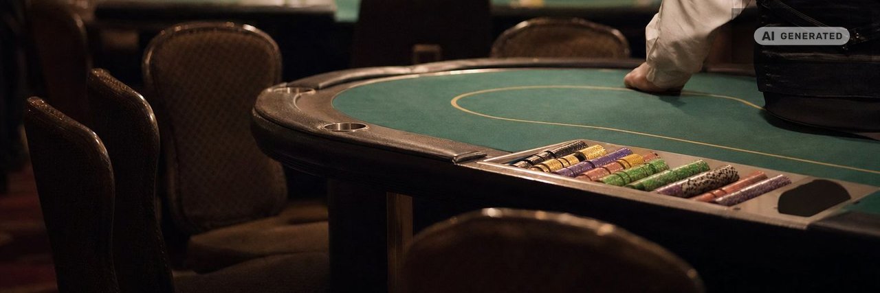A casino poker room between hands: oval tables under low hanging shades, chips stacked in rows, dealers seen from behind. (AI-generated image)