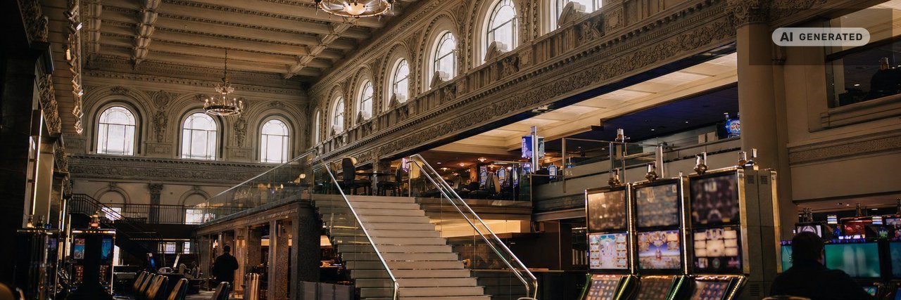 A casino interior inside a converted historic department store: an atrium with ornate plasterwork and tall arched windows above the gaming floor, with a staircase to an upper level. (AI-generated image)