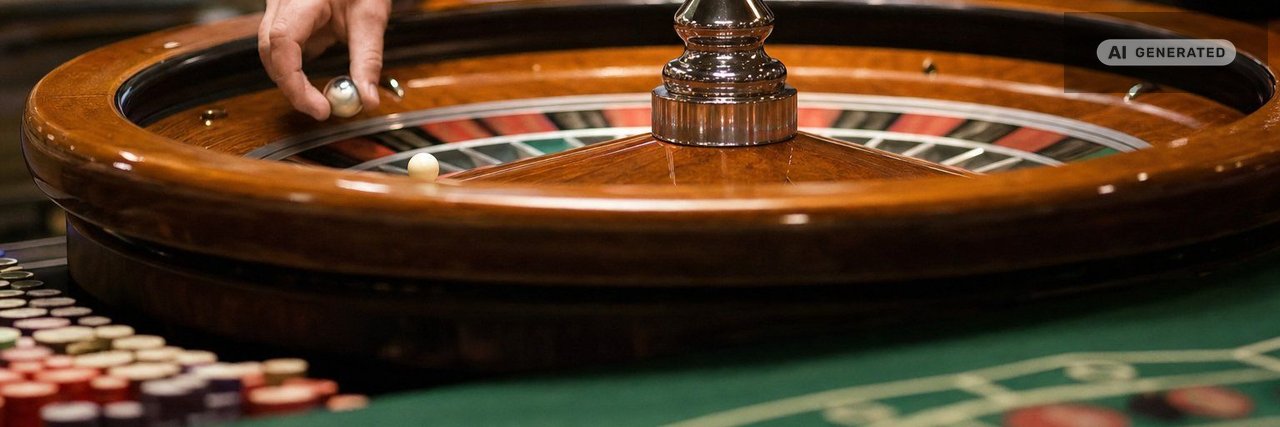 A roulette wheel in sharp focus with the ball at rest, the croupier's hand entering frame with the marker and the baize layout soft in the foreground. (AI-generated image)
