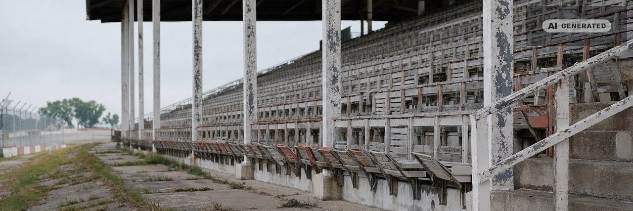 An empty racetrack grandstand seen from the apron, rows of weathered seats and grass pushing through cracked concrete. (AI-generated image)