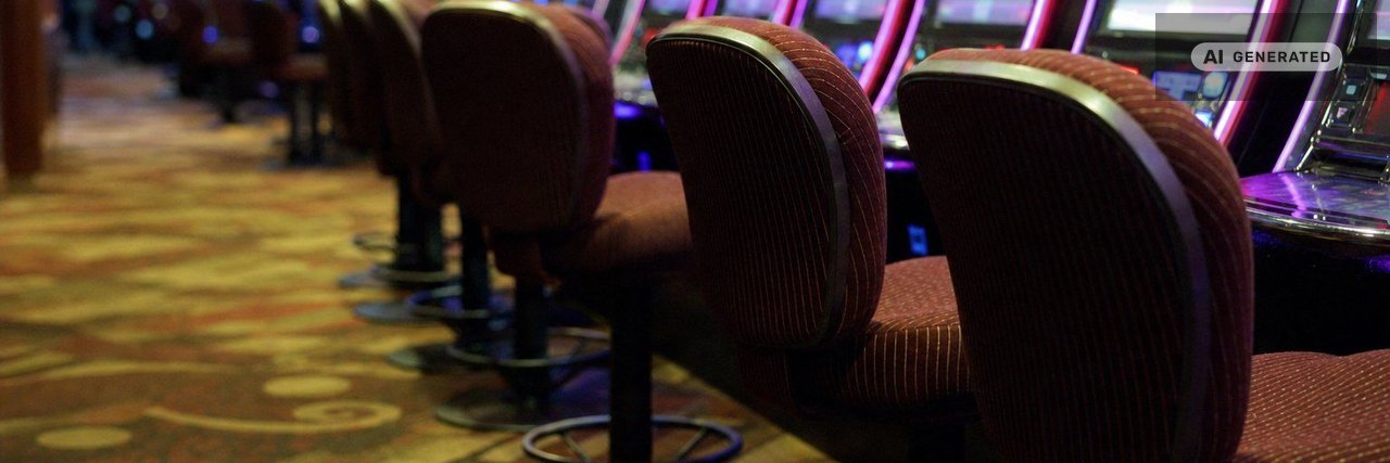 A low view along a row of video lottery terminals in a racino, screens lit and upholstered stools empty. (AI-generated image)