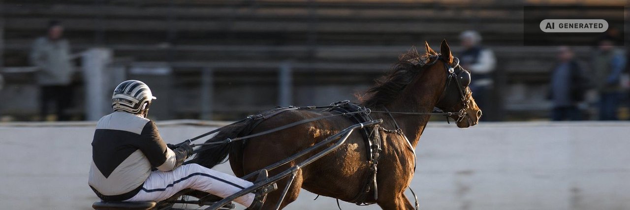 A standardbred horse at full trot on a dirt track, pulling a two-wheeled sulky with a driver leaning forward, dust rising from the hooves. (AI-generated image)