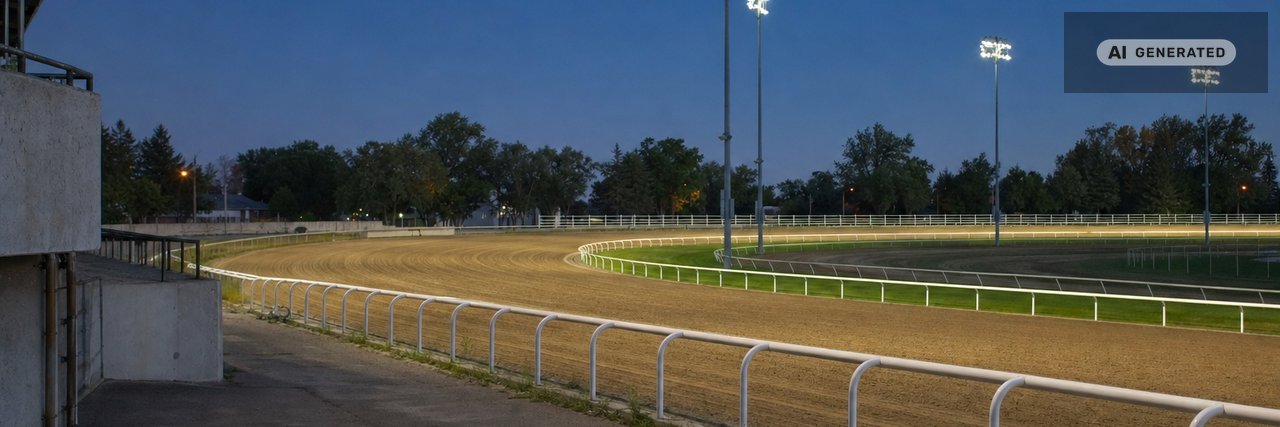 The turn of a floodlit dirt racetrack at dusk, a white running rail curving away to the right, light towers lit against a deep blue sky, and the edge of an empty grandstand at the left. (AI-generated image)