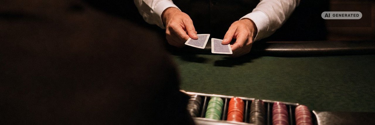 A blackjack dealer's hands mid-deal over green baize, two cards face down and a rack of chips in the foreground. (AI-generated image)