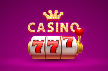 Crowned casino sign above a spinning slot reels with three red sevens